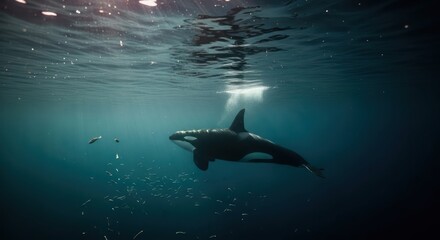 Naklejka premium Majestic Orca Swimming Gracefully in the Deep Blue Ocean Waters.
