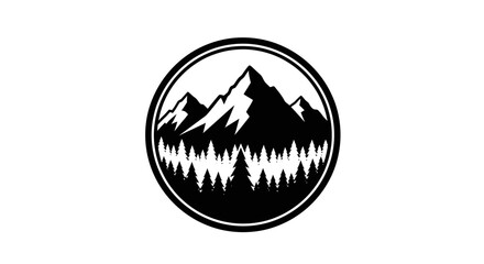 Majestic Mountain and Pine Forest Landscape in Circle Frame, Wilderness Adventure Emblem, Isolated White Background
