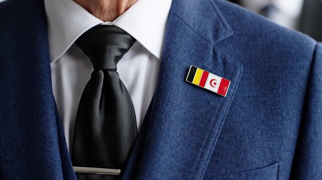 Businessman wearing suit with Belgium and Tunisia flag lapel pin