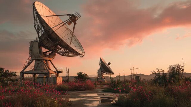 Large satellite dishes stand in an abandoned location overgrown with plants during sunset in a remote area