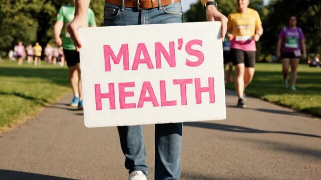 Man holding 'Man's Health' sign at outdoor charity walk