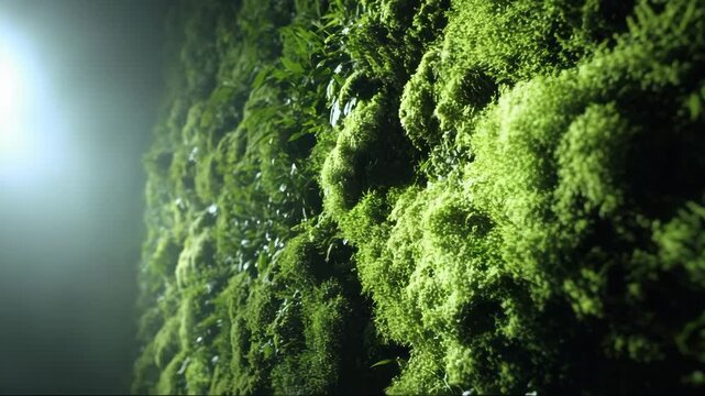 Lush green moss covering a surface with soft light from above  