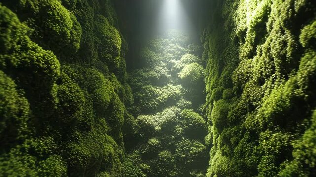 Lush green moss covering rocky walls in a narrow, illuminated canyon  