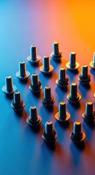 An array of silvery zinc-plated screws featuring integrated flat washers, essential hardware for securing connections and assemblies, bulk, silver, shiny