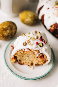 Easter cake topped with frosting and nuts
