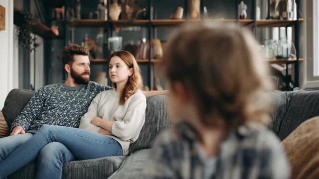 Child looks worried while parents discuss issues in living room during late afternoon at home