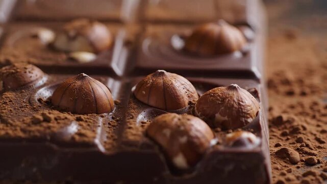 Close-up of Chocolate Bar with Hazelnuts and Cocoa Powder Dusting