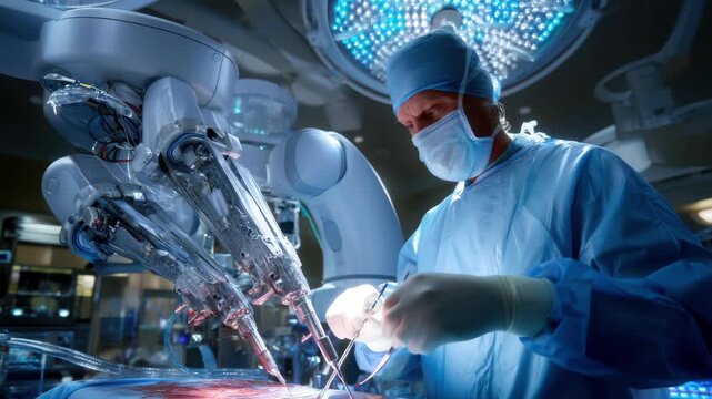Individual performs robotassisted surgery in a hospital setting during a surgical procedure with robotic tools and equipment visible