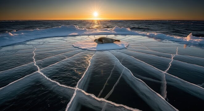 Baikal Seal Resting on Cracked Ice at Sunset.