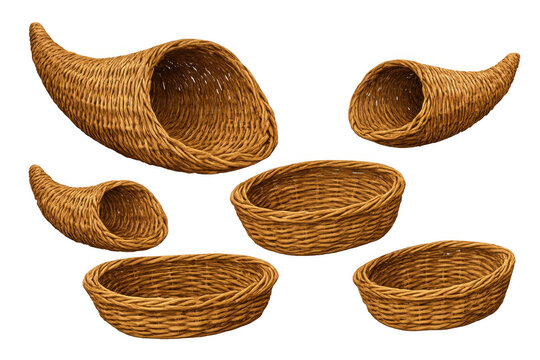 Wicker cornucopia and baskets set for harvest, autumn, and thanksgiving celebrations with transparent background