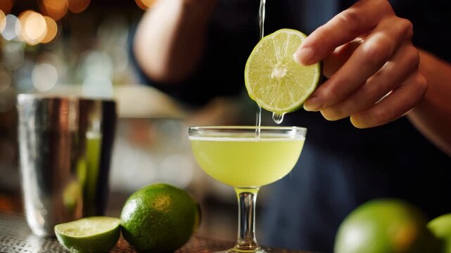 Barman prepares cocktail by squeezing fresh lime juice at bar in evening