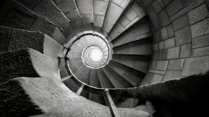 Fototapeta premium Spiral staircase leading to a bright light source at the top in a historic stone building showcasing intricate architecture and design
