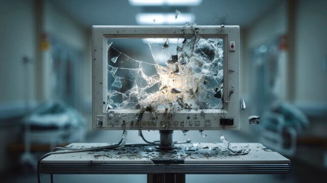 Broken hospital monitor in healthcare facility demonstrating impact of technology failure on patient care and safety protocols in a clinical environment