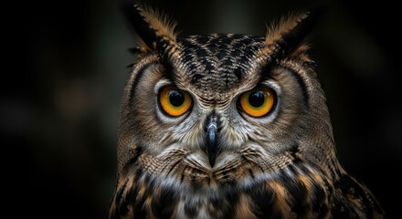Obraz premium Close-up of a majestic Eurasian Eagle-Owl with piercing orange eyes staring intently.