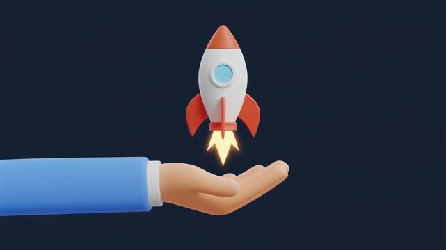 Abstract innovation symbol rocket and hand only animation