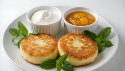 Two syrniki on a white plate with sour cream and apple sauce, garnished with mint leaves