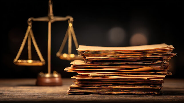 Legal scale next to stack of brown legal folders on wooden desk in dimly lit room with blurred background professional law concept