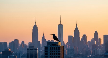 Fototapeta premium Bird Silhouetted Against New York City Skyline at Sunset.