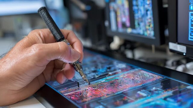 Professional restoring an OLED displays image quality by reconnecting flexible circuits in a clean organized workspace