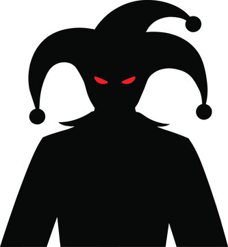 Evil jester silhouette with red glowing eyes, dark clown character concept, horror carnival mask design, spooky black vector illustration isolated on white background.
