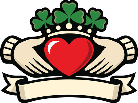 Traditional Claddagh Hands Holding Heart with Shamrock Crown Banner Vector