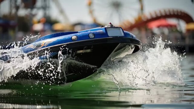 Empty boat captured midsplash into the water highlighting the sharpness of water droplets against an outoffocus ride structure.