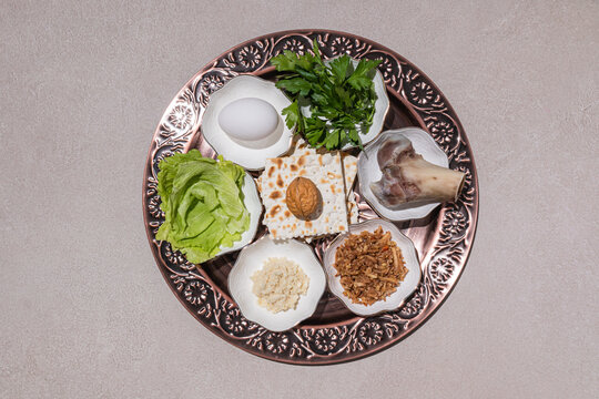 Passover seder plate featuring traditional treats