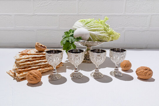 Passover holiday table with symbolic treats displayed