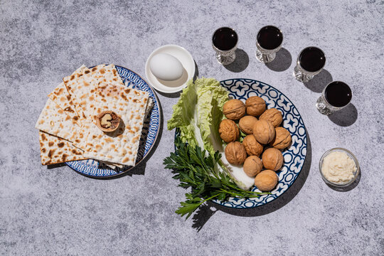 Traditional Passover holiday feast with symbolic foods