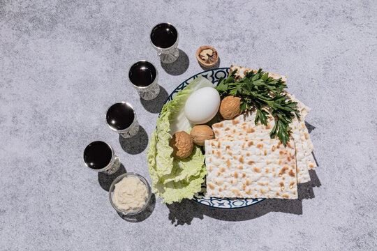 Passover seder plate with traditional elements