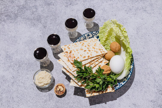 Passover seder plate with traditional foods displayed