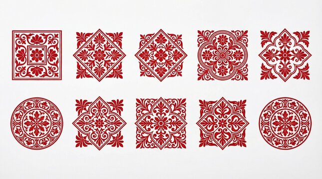 Ten square tiles with symmetrical red floral and botanical motifs on white background, inspired by folk art, showcasing intricate paper‑cut style and ornamental design diversity.