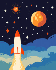 Space exploration rocket illustration with stars