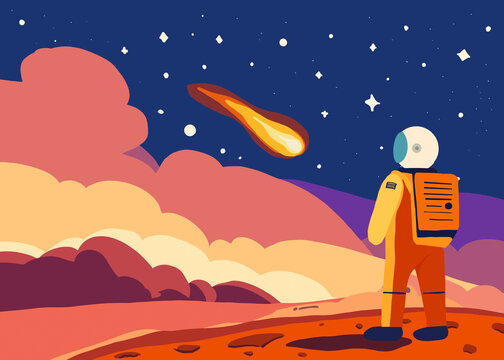 Astronaut watching comet in space illustration