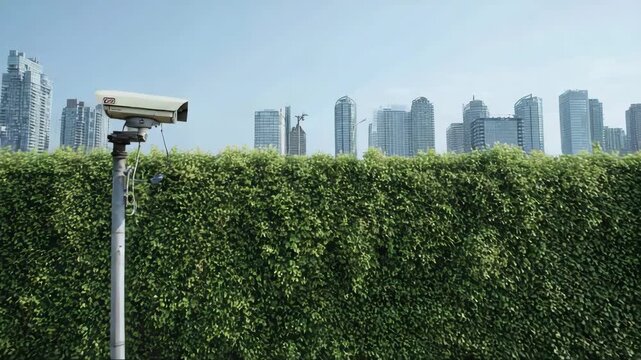 Security camera installed on green hedge with city skyline backdrop  
