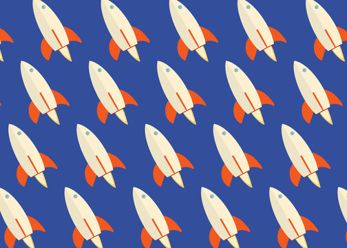 Retro rocket pattern on blue background