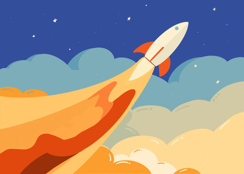 Rocket soaring through clouds in space illustration