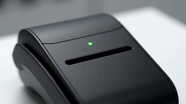 Close-up of sleek black card reader on white surface