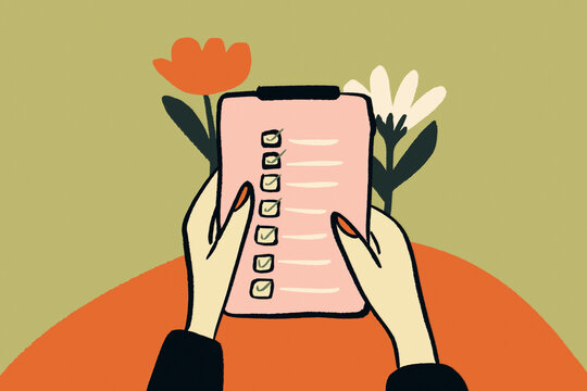 Hands holding checklist with floral background illustration