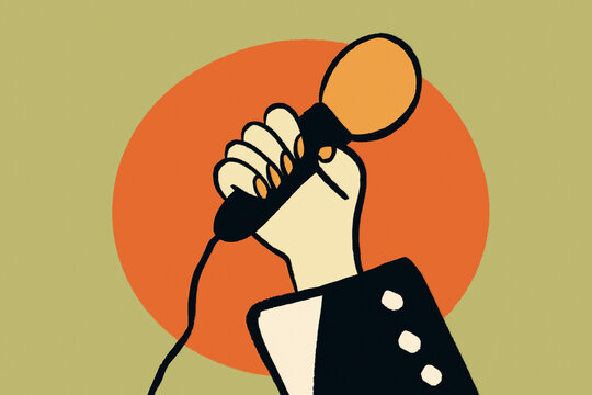 Hand holding a microphone in bold illustration