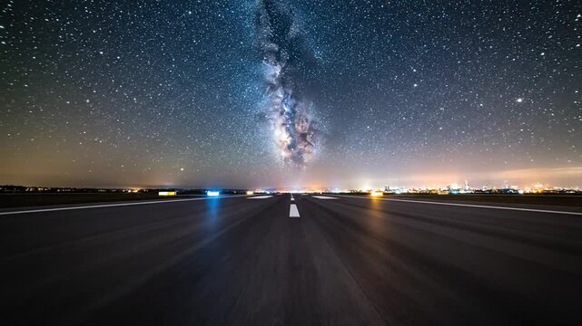 Airport runway with Milky Way galaxy and bright stars at night