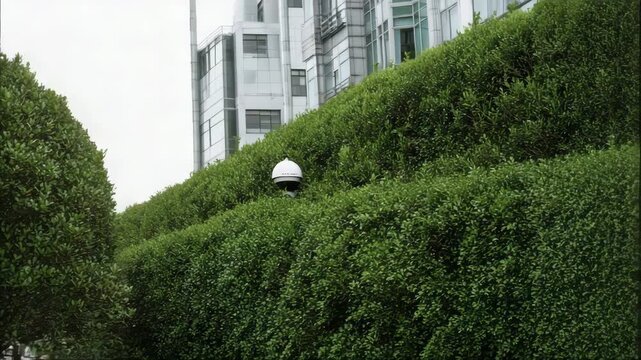 Modern building with green hedge and surveillance camera nearby  