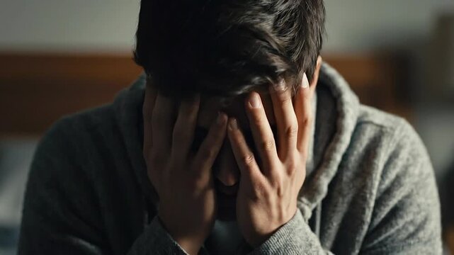 Man shows deep thought in room while sitting alone with hands clasped together at night