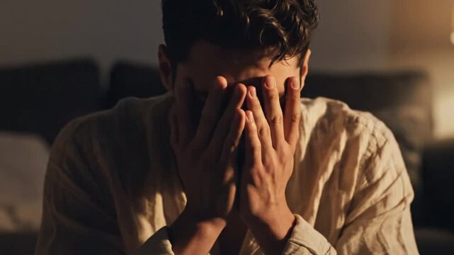 Man in simple shirt appears focused while sitting in a dimly lit room at night