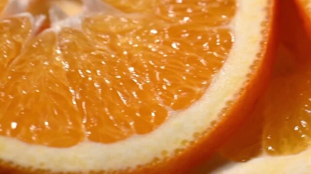 Extreme macro close-up of a juicy orange slice spinning at high speed, with individual citrus segments and juice droplets breaking away and flying through the air. An explosive, high-energy shot that 