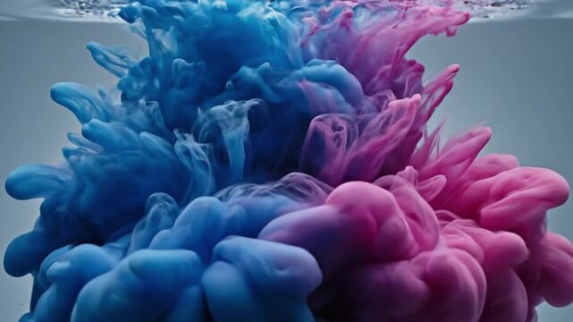 Colorful ink clouds mix and swirl in clear water creating interesting patterns and shapes