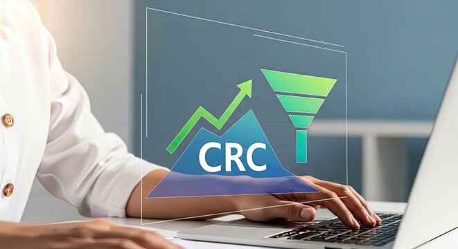 Businessperson analyzing data on laptop with crc and graph display