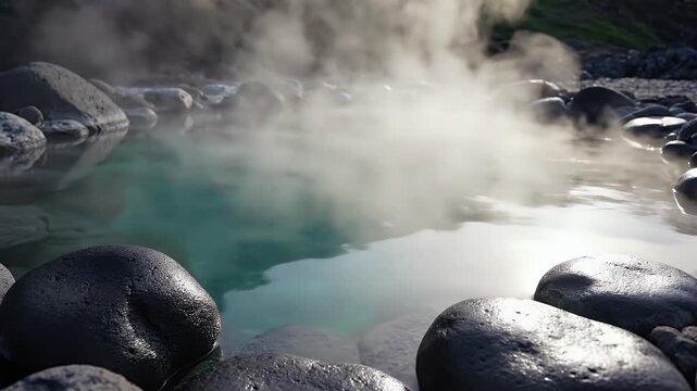 Steam rises from a turquoise pool surrounded by dark, wet rocks