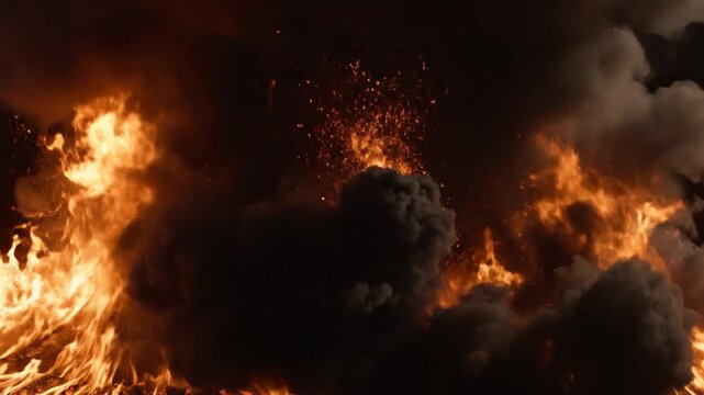 Intense flames and dark smoke from a raging fire