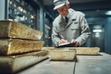 Vault Worker Recording Inventory with Stacked Gold Bars in Secure Facility
